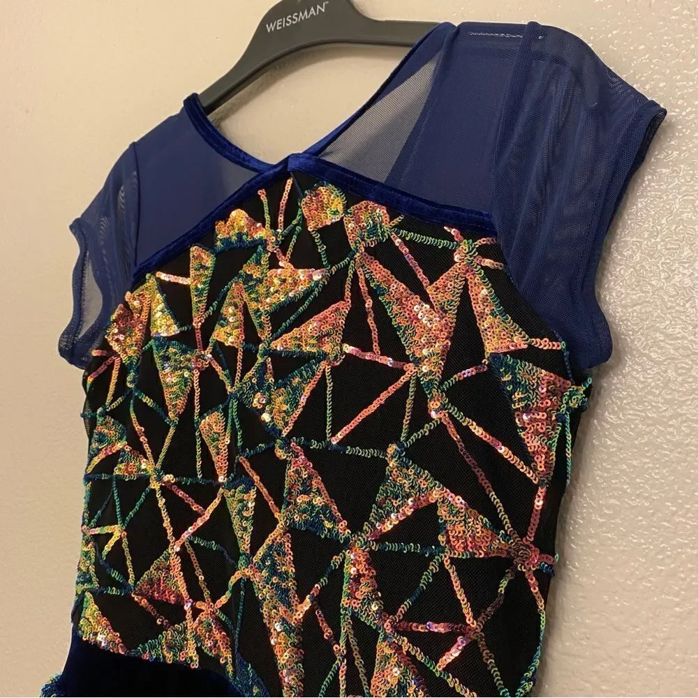 Weissman Dance costume blue sassy fringe sequin dress Misbehave 16291 child XLC